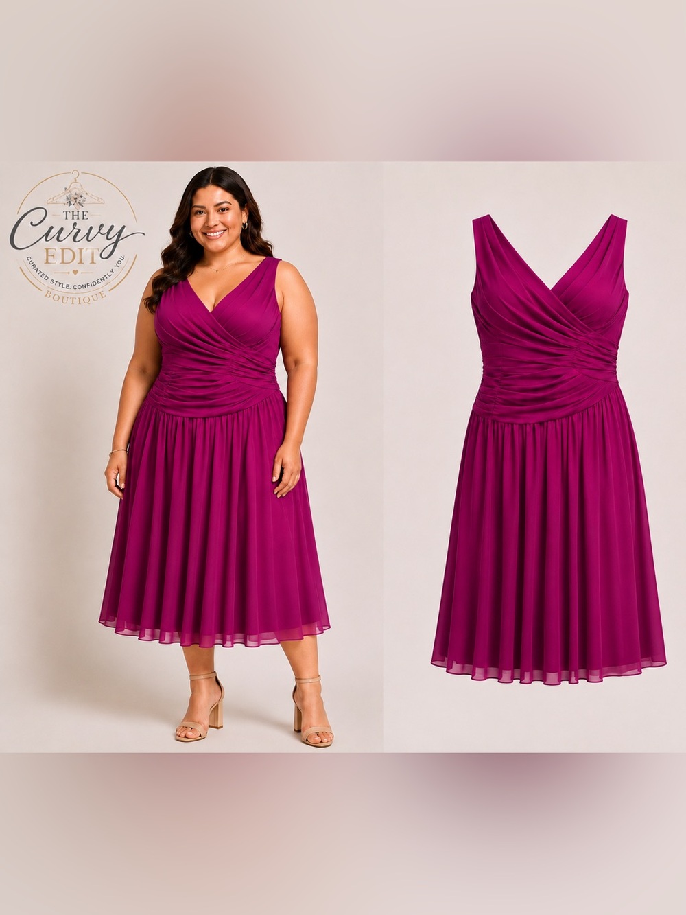 David’s Bridal Size 22 Magenta Chiffon Ruched Midi Dress Plus Size Formal Chic